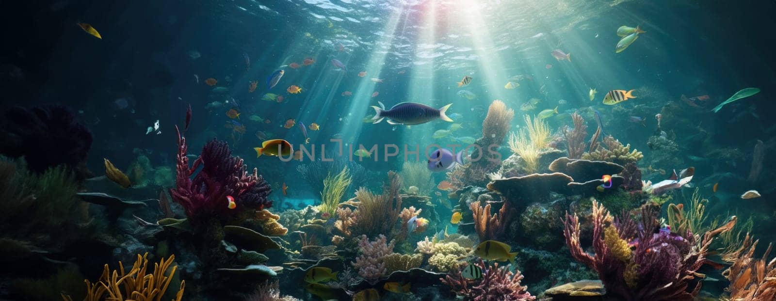 Tropical sea underwater fishes on coral reef. Aquarium oceanarium wildlife colorful marine panorama landscape nature snorkel diving. AI Generative