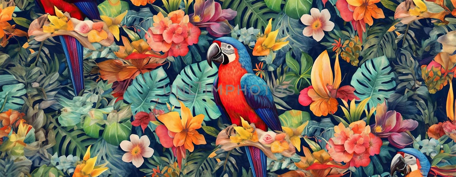 Tropical exotic pattern with animal and flowers in bright colors and lush vegetation. Ai Generative