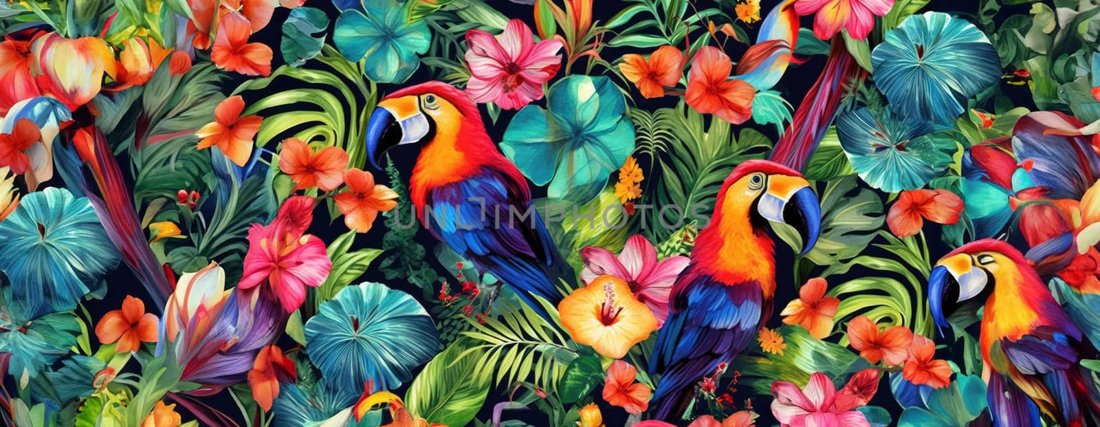 Tropical exotic pattern with animal and flowers in bright colors and lush vegetation. Ai Generative