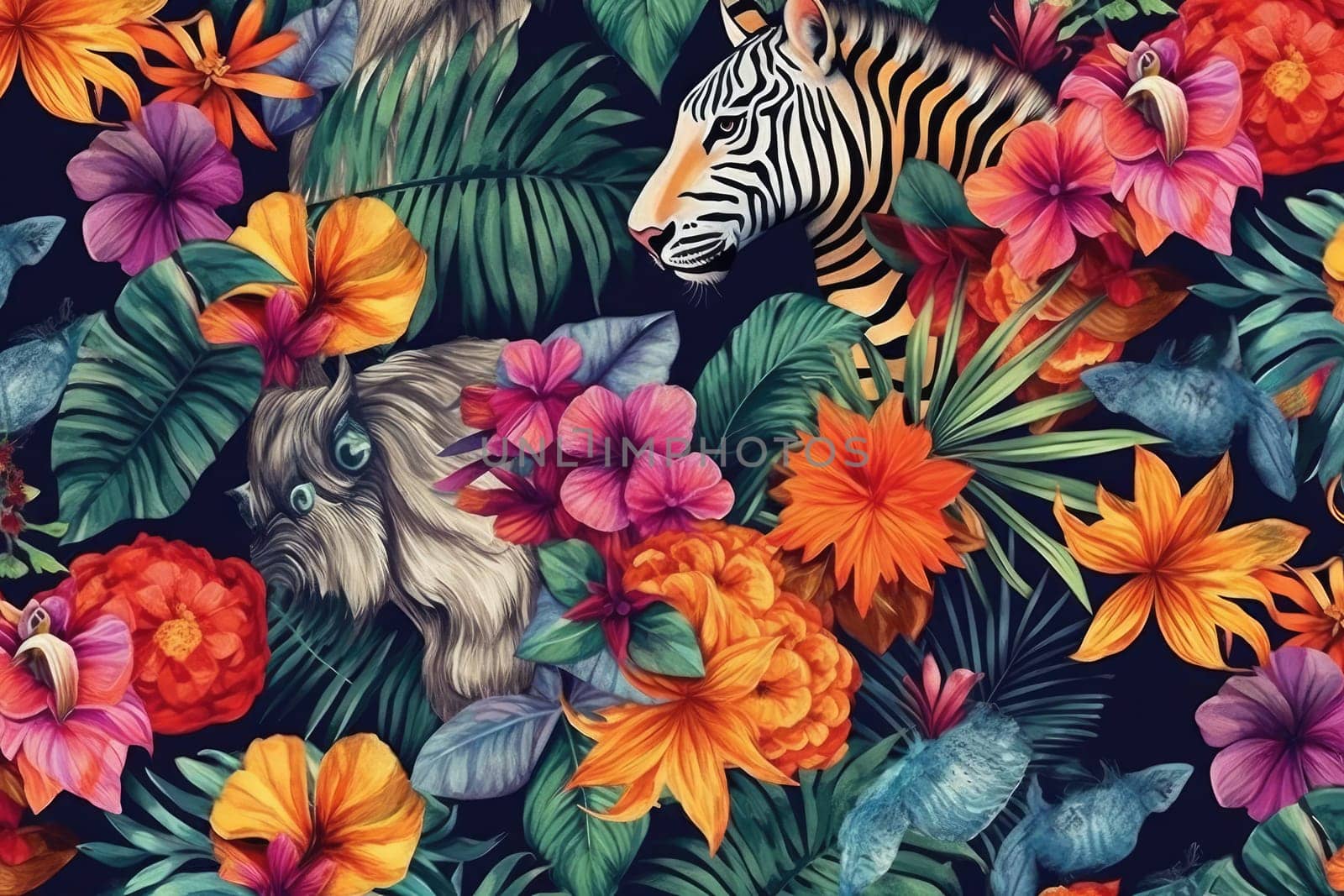 Tropical exotic pattern with animal and flowers in bright colors and lush vegetation. Ai Generative. by Benzoix