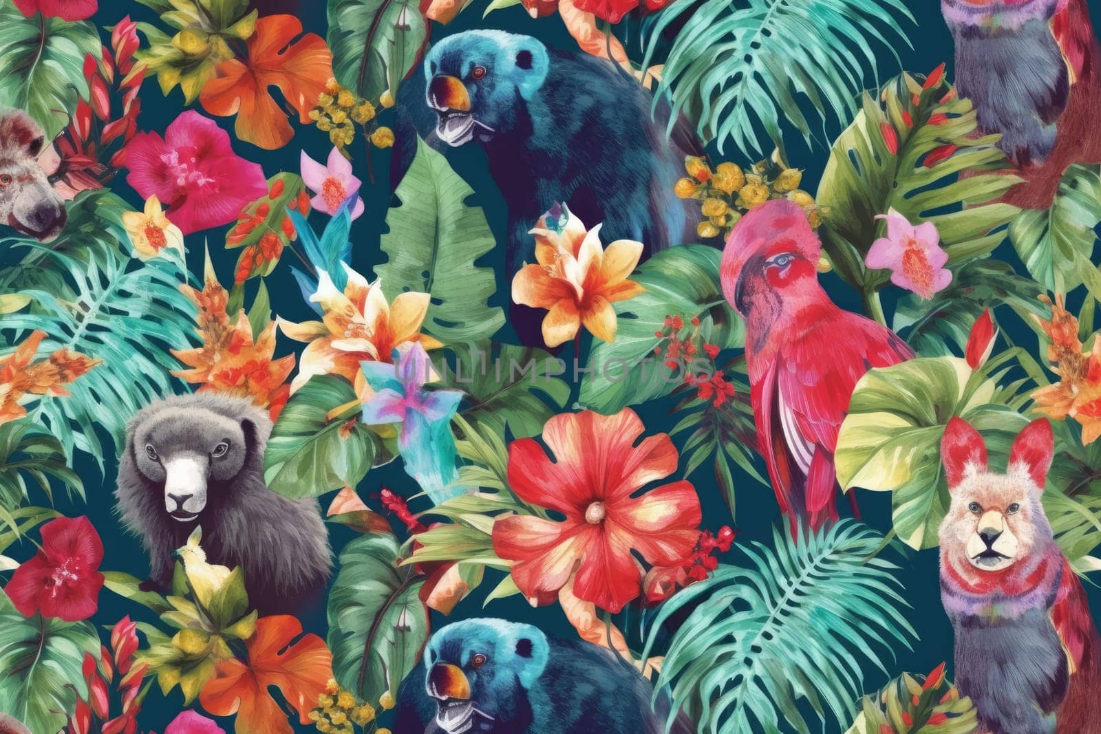 Tropical exotic pattern with animal and flowers in bright colors and lush vegetation. Ai Generative