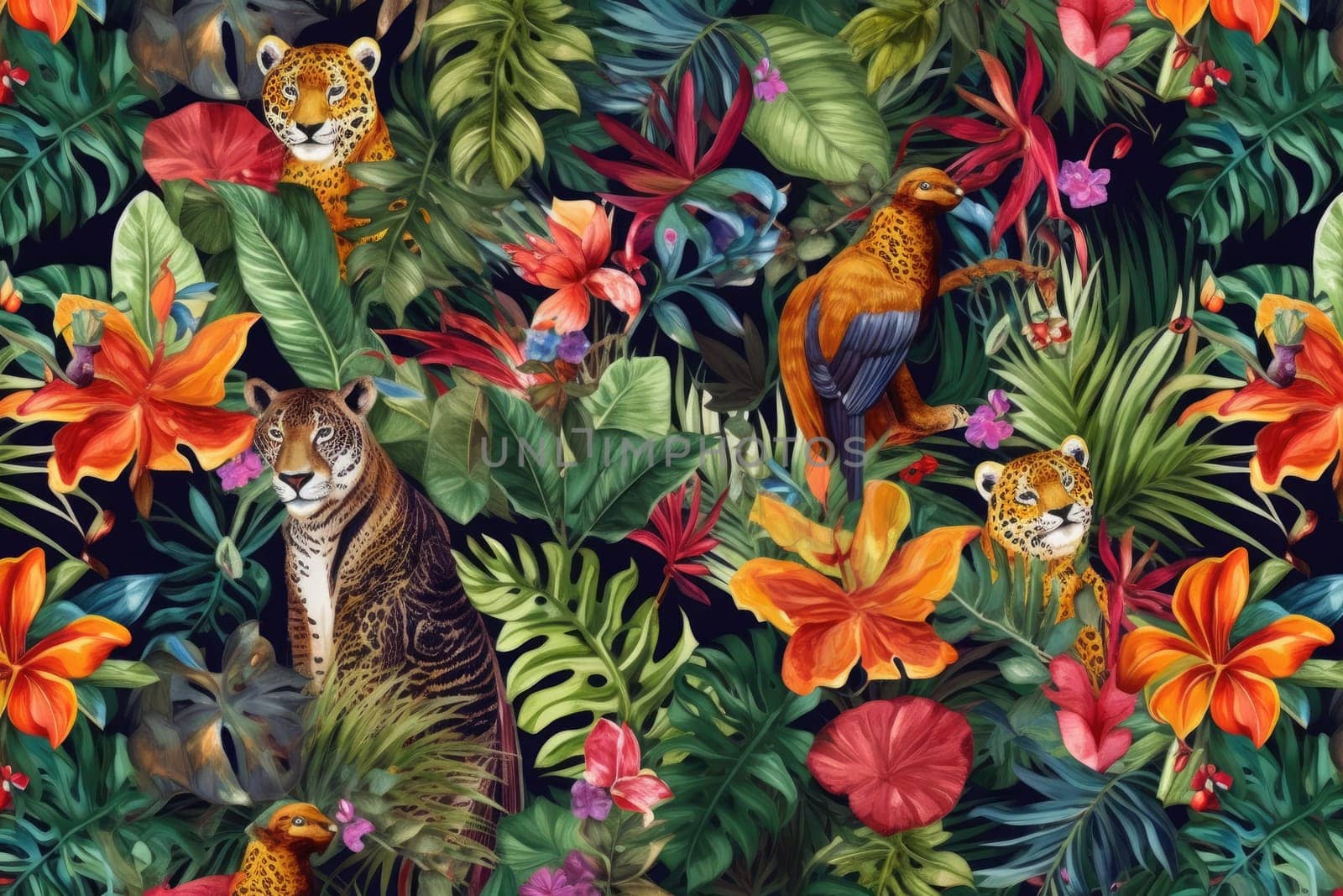 Tropical exotic pattern with animal and flowers in bright colors and lush vegetation. Ai Generative