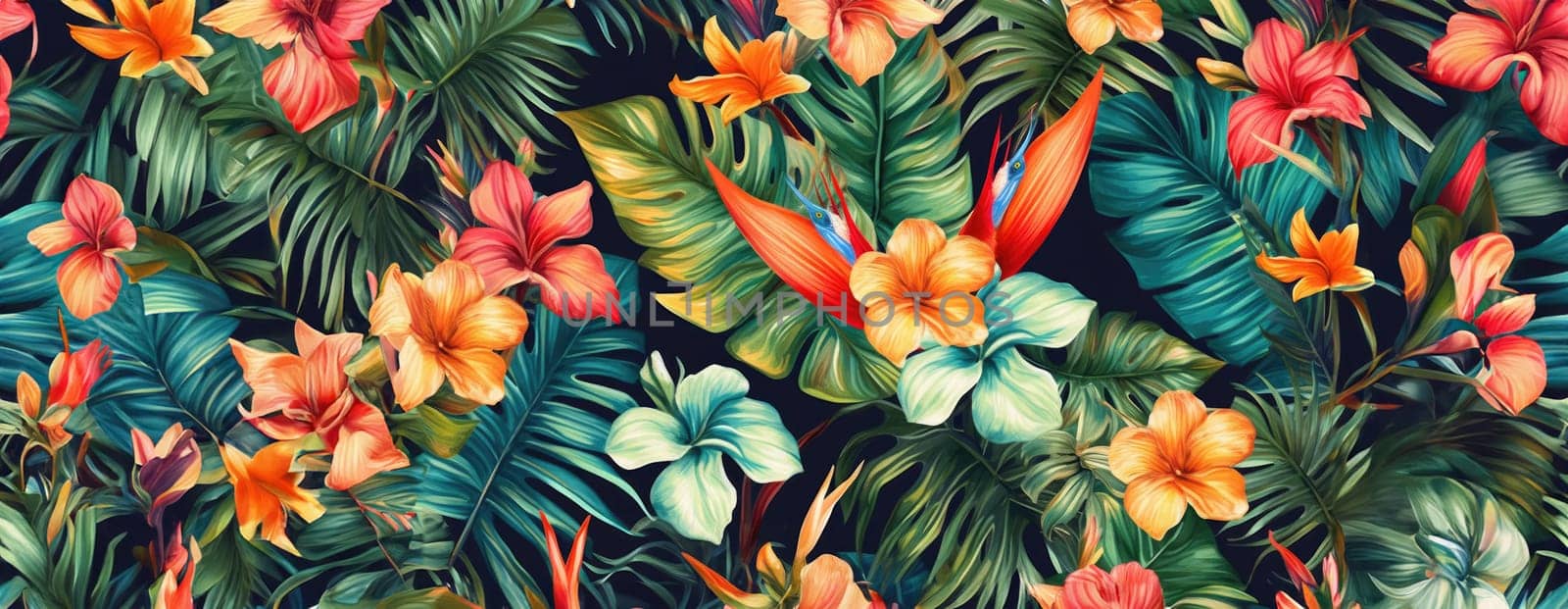 Tropical exotic pattern with animal and flowers in bright colors and lush vegetation. Ai Generative