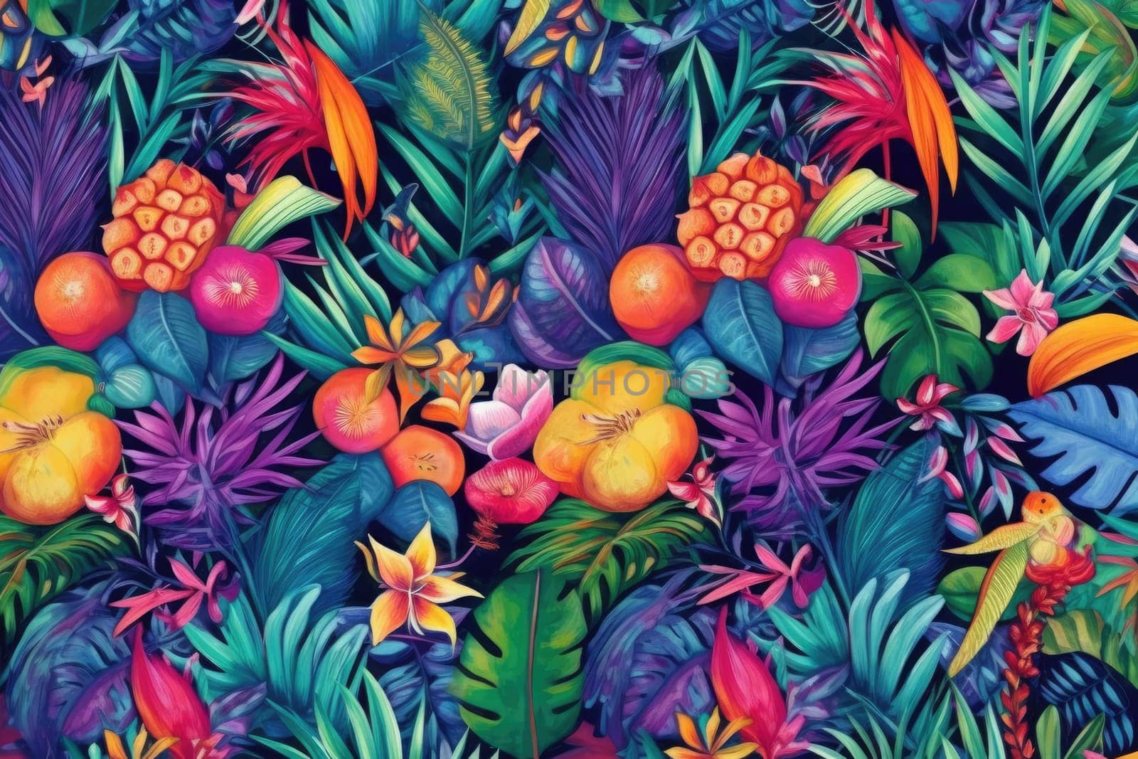 Tropical exotic pattern with animal and flowers in bright colors and lush vegetation. Ai Generative. by Benzoix