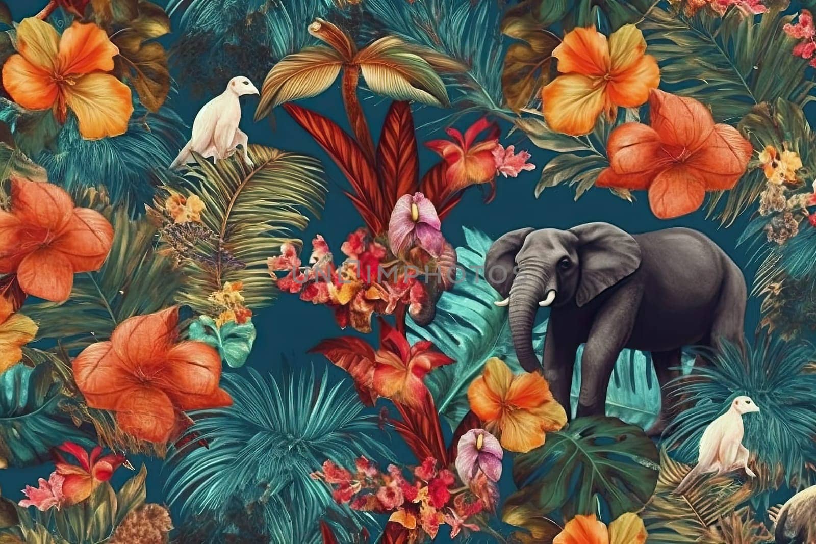 Tropical exotic pattern with animal and flowers in bright colors and lush vegetation. Ai Generative. by Benzoix