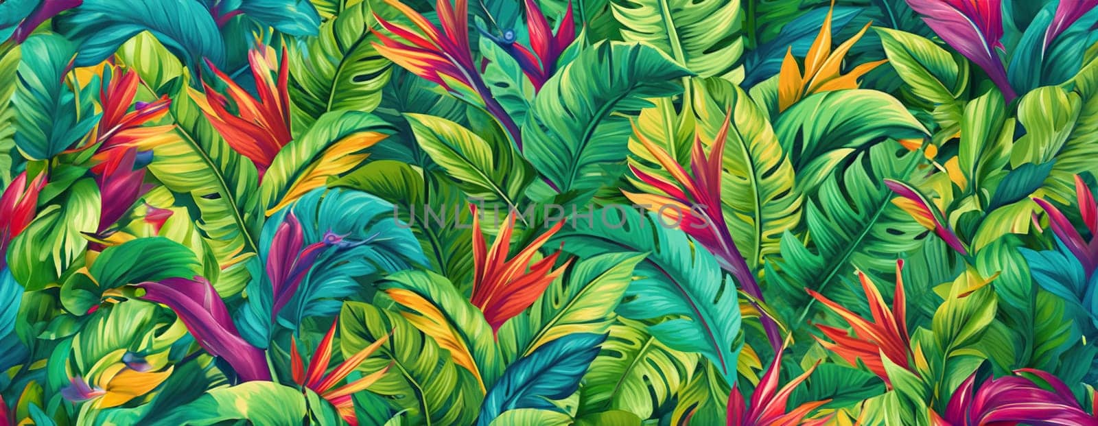 Tropical exotic pattern with animal and flowers in bright colors and lush vegetation. Ai Generative