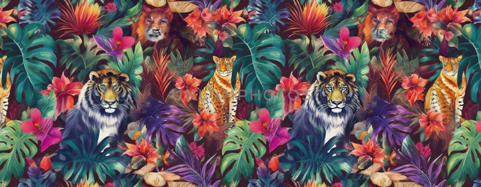 Tropical exotic pattern with animal and flowers in bright colors and lush vegetation. Ai Generative