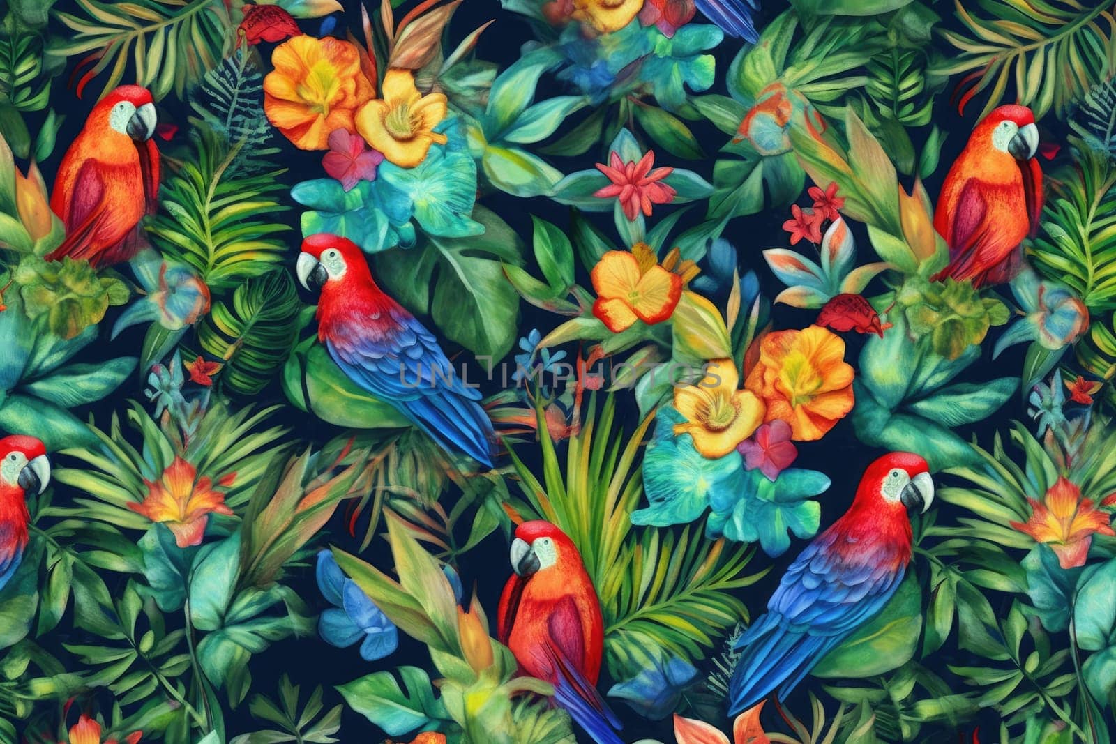 Tropical exotic pattern with animal and flowers in bright colors and lush vegetation. Ai Generative. by Benzoix