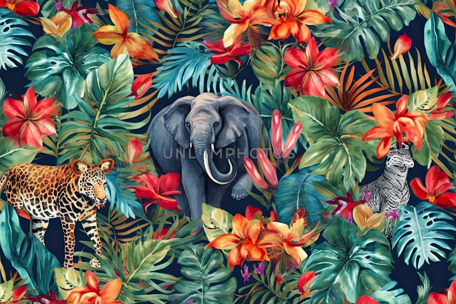 Tropical exotic pattern with animal and flowers in bright colors and lush vegetation. Ai Generative. by Benzoix