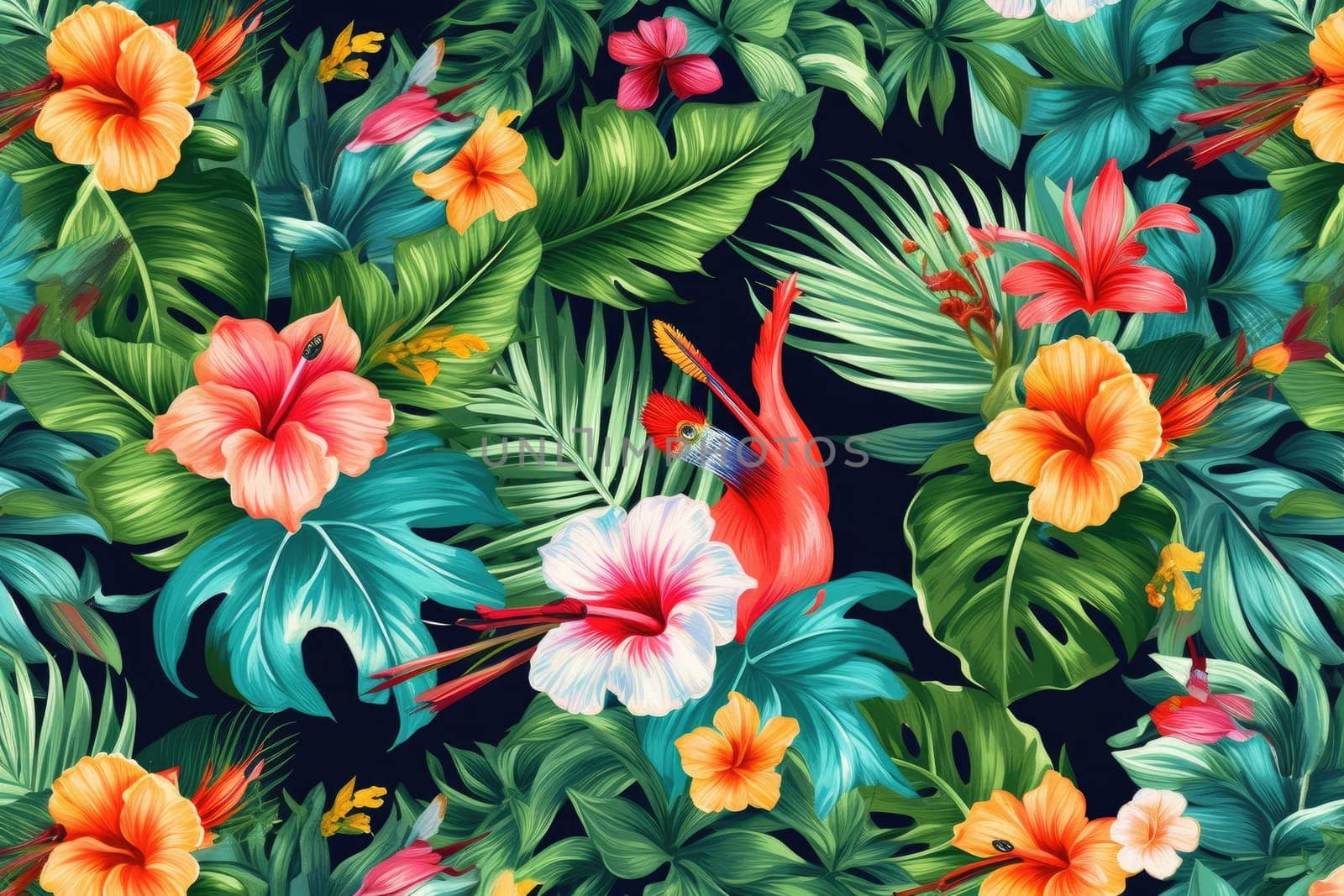 Tropical exotic pattern with animal and flowers in bright colors and lush vegetation. Ai Generative. by Benzoix