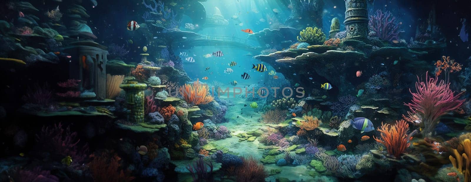 Tropical sea underwater fishes on coral reef. Aquarium oceanarium wildlife colorful marine panorama landscape nature snorkel diving. AI Generative