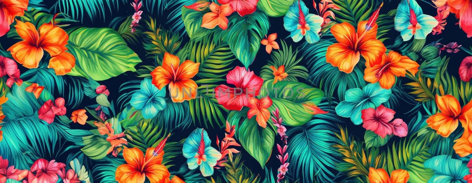 Tropical exotic pattern with animal and flowers in bright colors and lush vegetation. Ai Generative