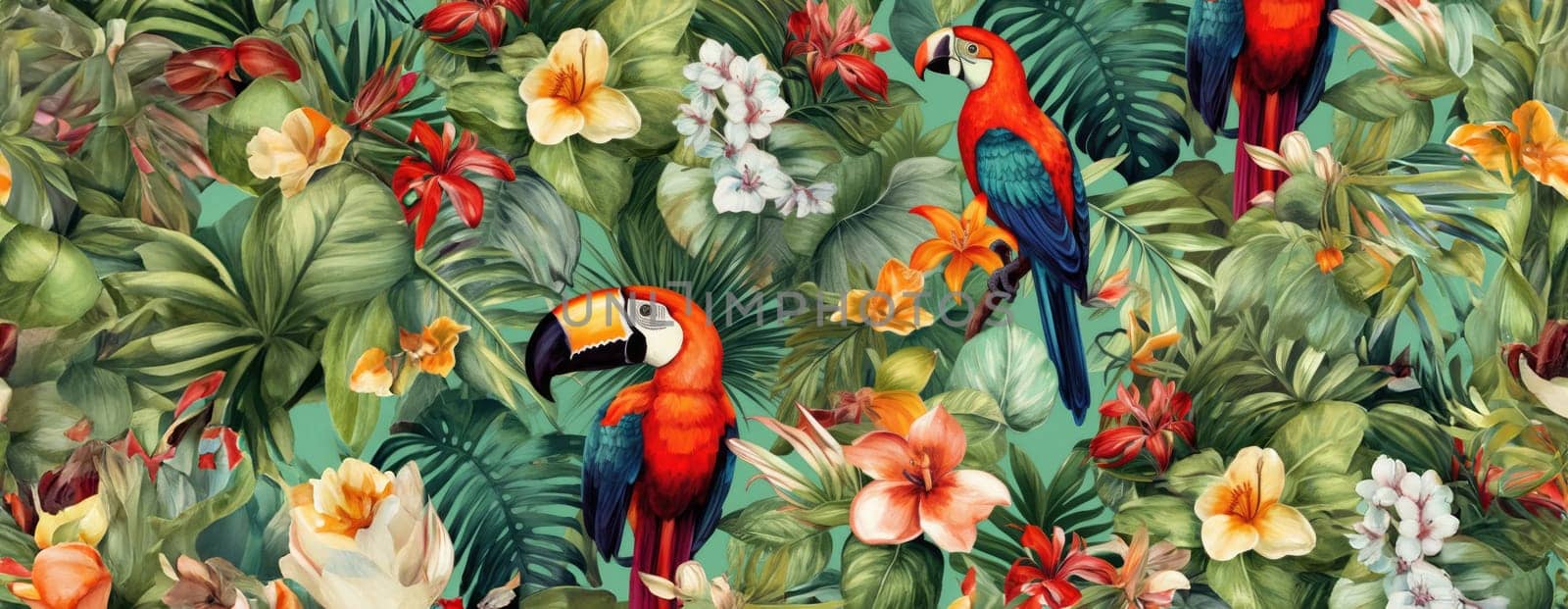 Tropical exotic pattern with animal and flowers in bright colors and lush vegetation. Ai Generative