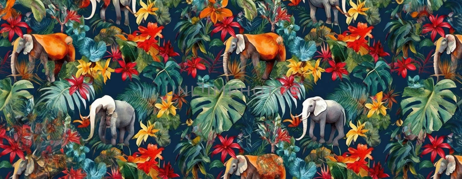 Tropical exotic pattern with animal and flowers in bright colors and lush vegetation. Ai Generative