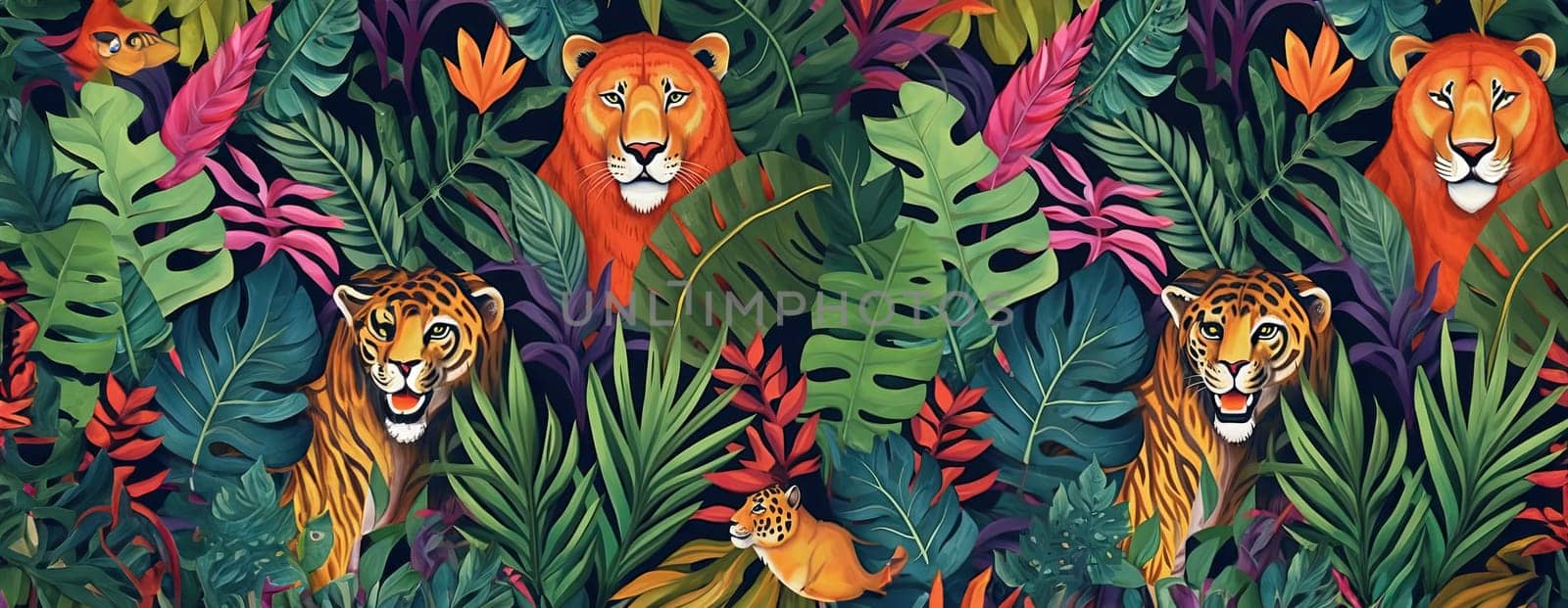 Tropical exotic pattern with animal and flowers in bright colors and lush vegetation. Ai Generative