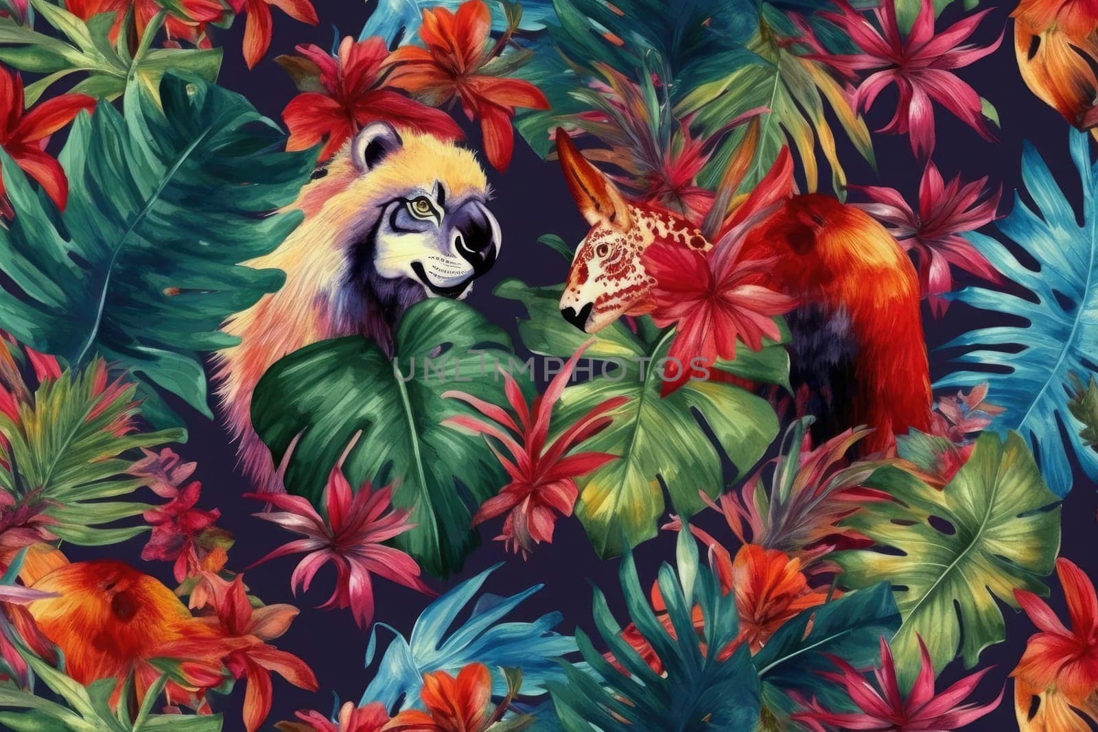 Tropical exotic pattern with animal and flowers in bright colors and lush vegetation. Ai Generative