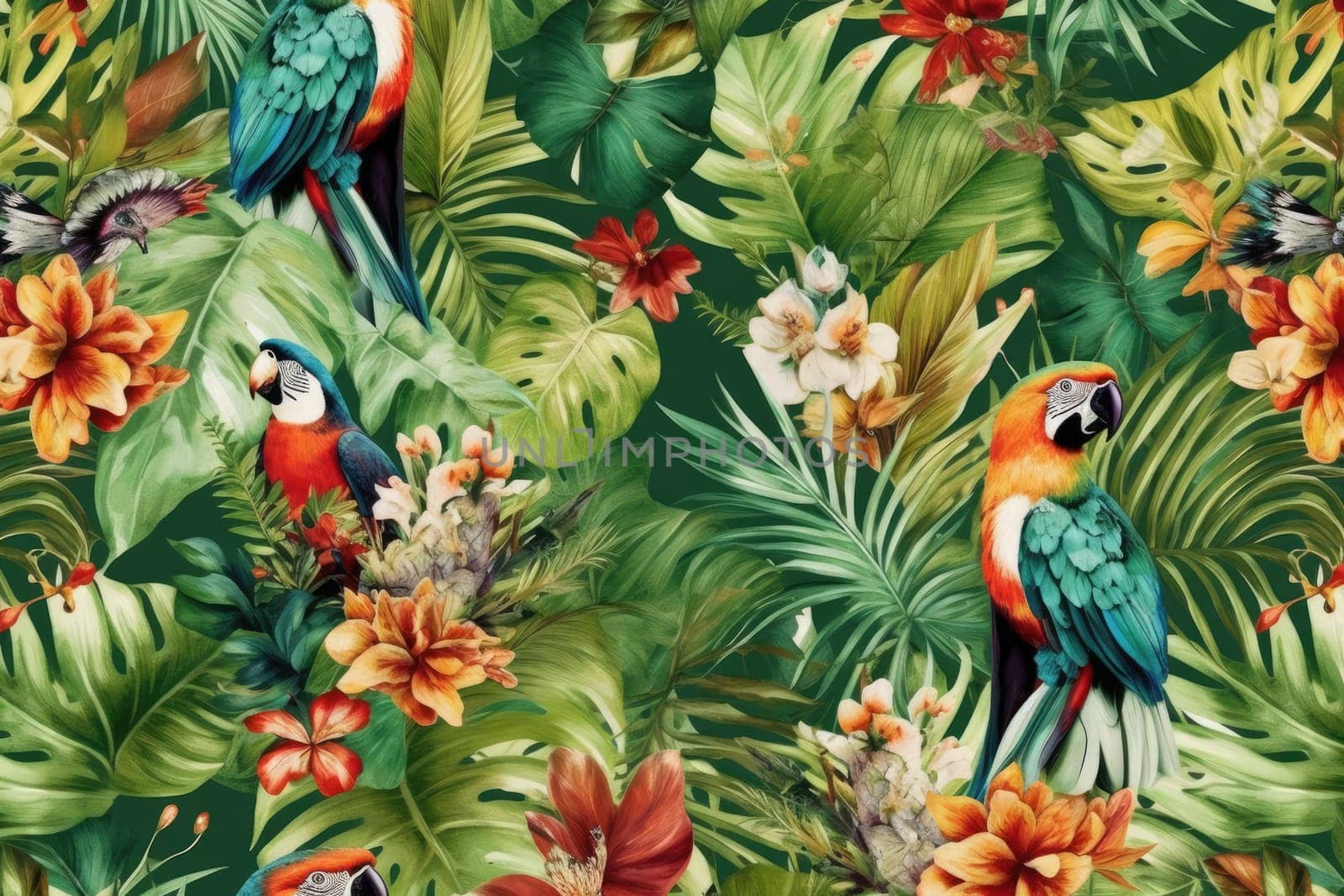 Tropical exotic pattern with animal and flowers in bright colors and lush vegetation. Ai Generative