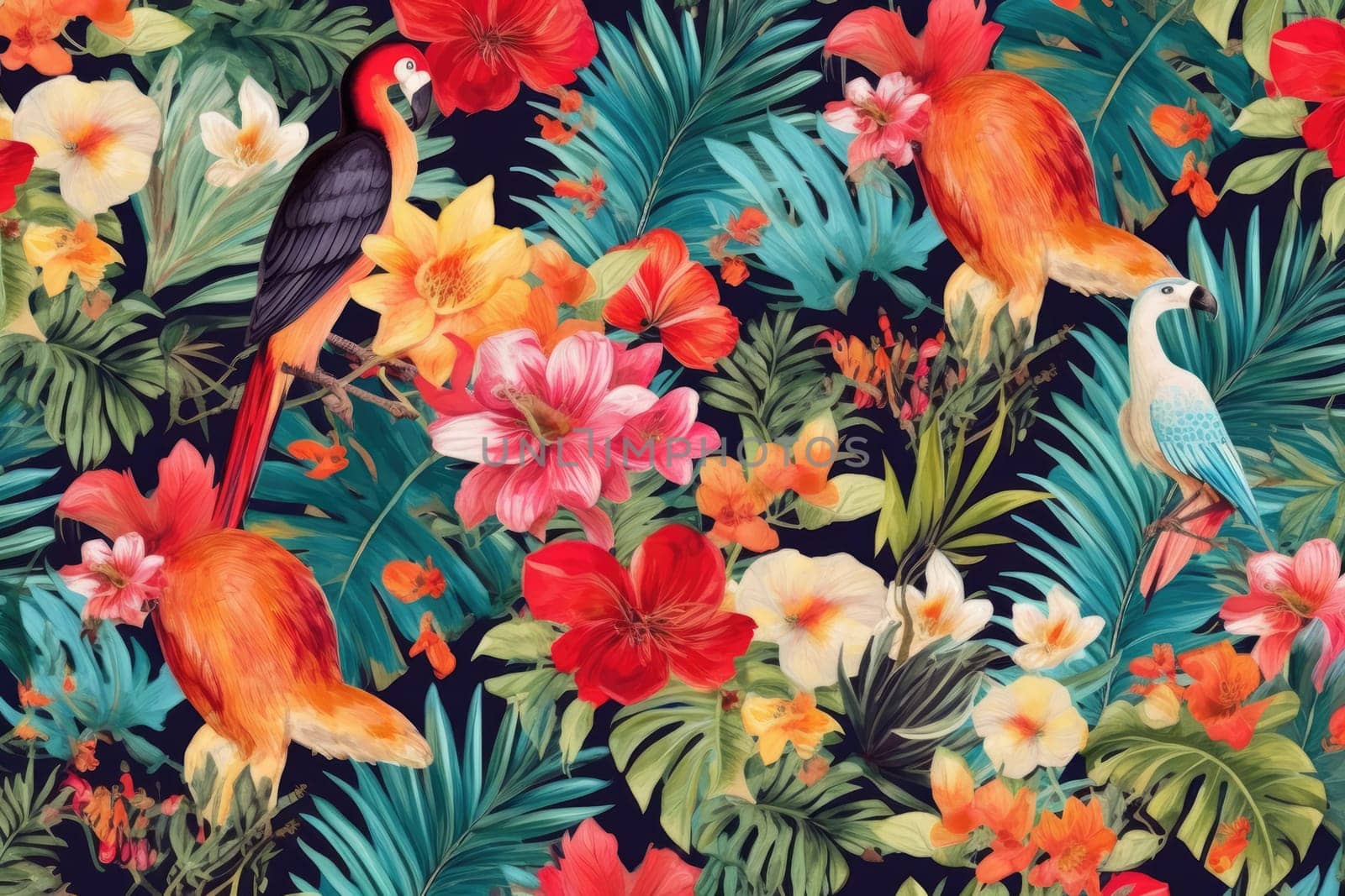 Tropical exotic pattern with animal and flowers in bright colors and lush vegetation. Ai Generative