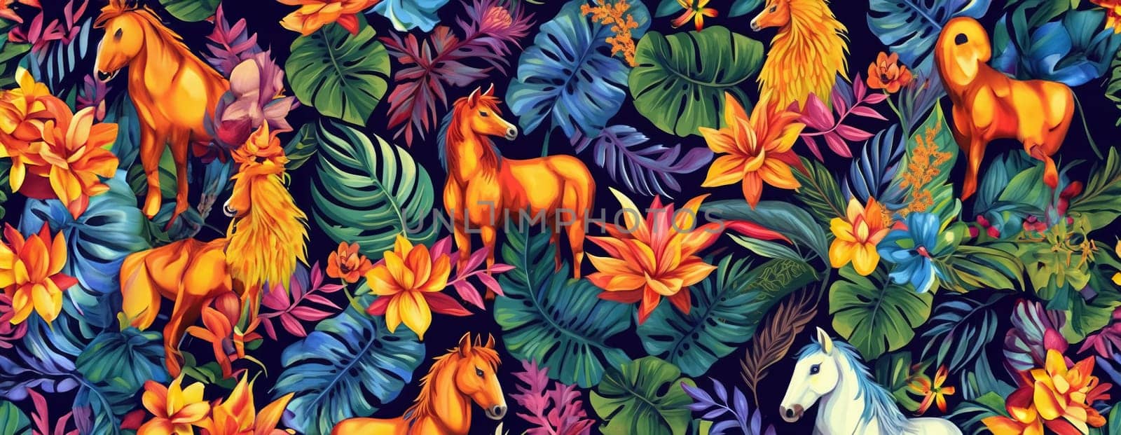 Tropical exotic pattern with animal and flowers in bright colors and lush vegetation. Ai Generative. by Benzoix