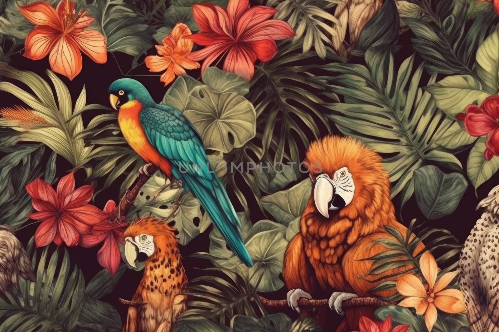 Tropical exotic pattern with animal and flowers in bright colors and lush vegetation. Ai Generative