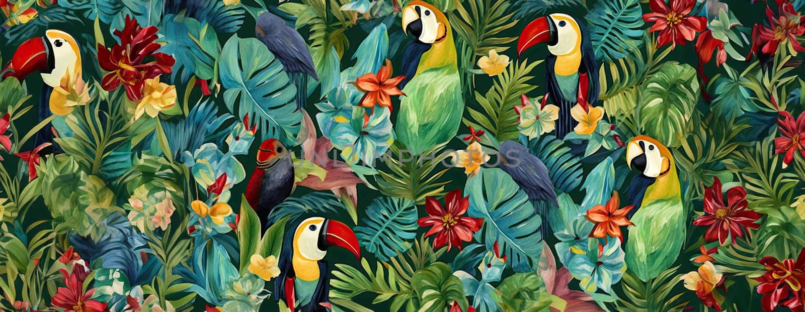 Tropical exotic pattern with animal and flowers in bright colors and lush vegetation. Ai Generative. by Benzoix