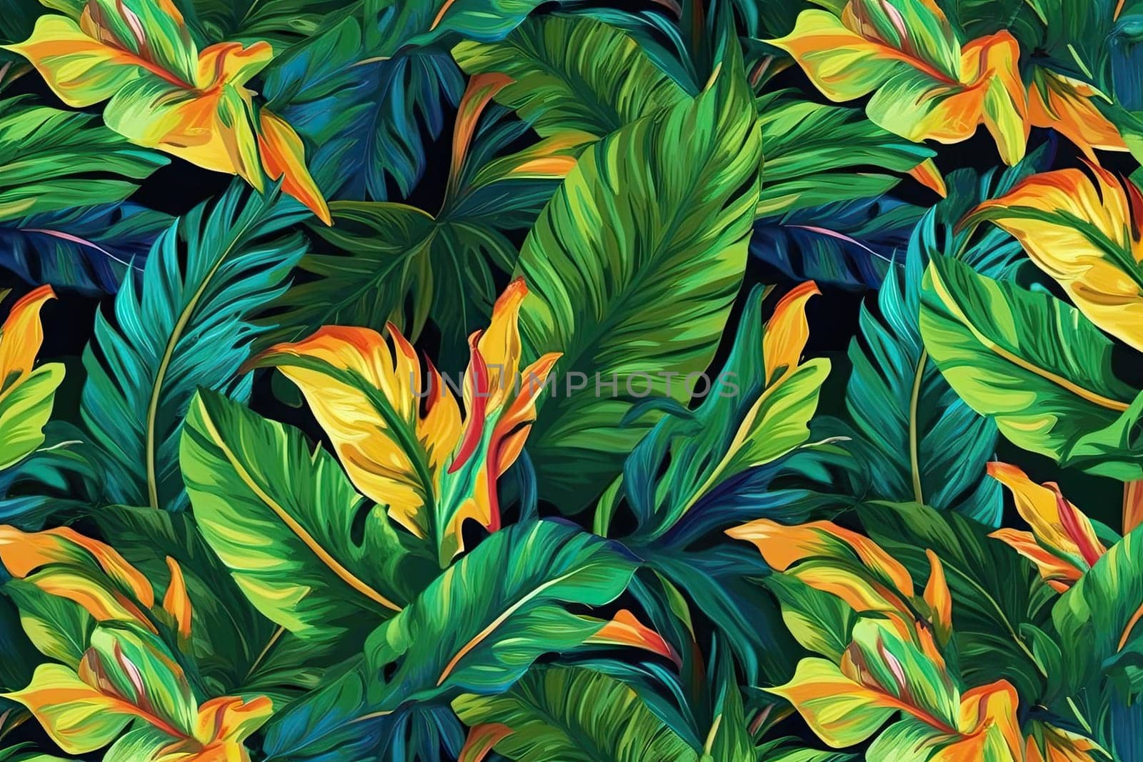 Tropical exotic pattern with animal and flowers in bright colors and lush vegetation. Ai Generative