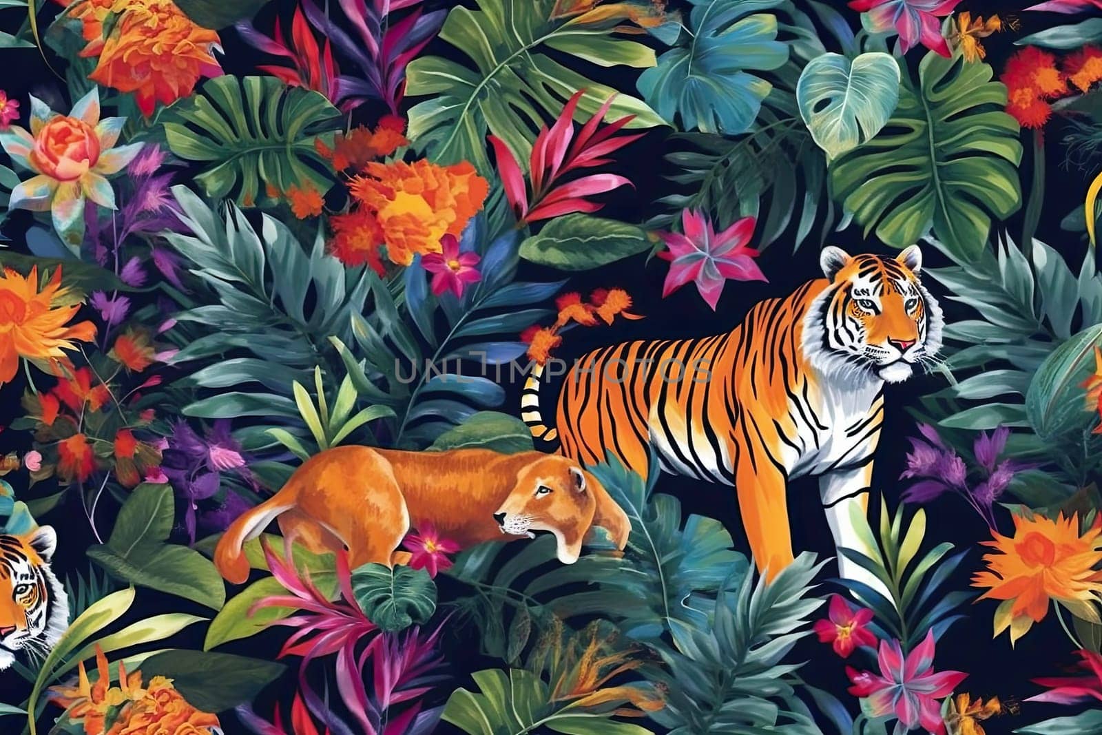 Tropical exotic pattern with animal and flowers in bright colors and lush vegetation. Ai Generative