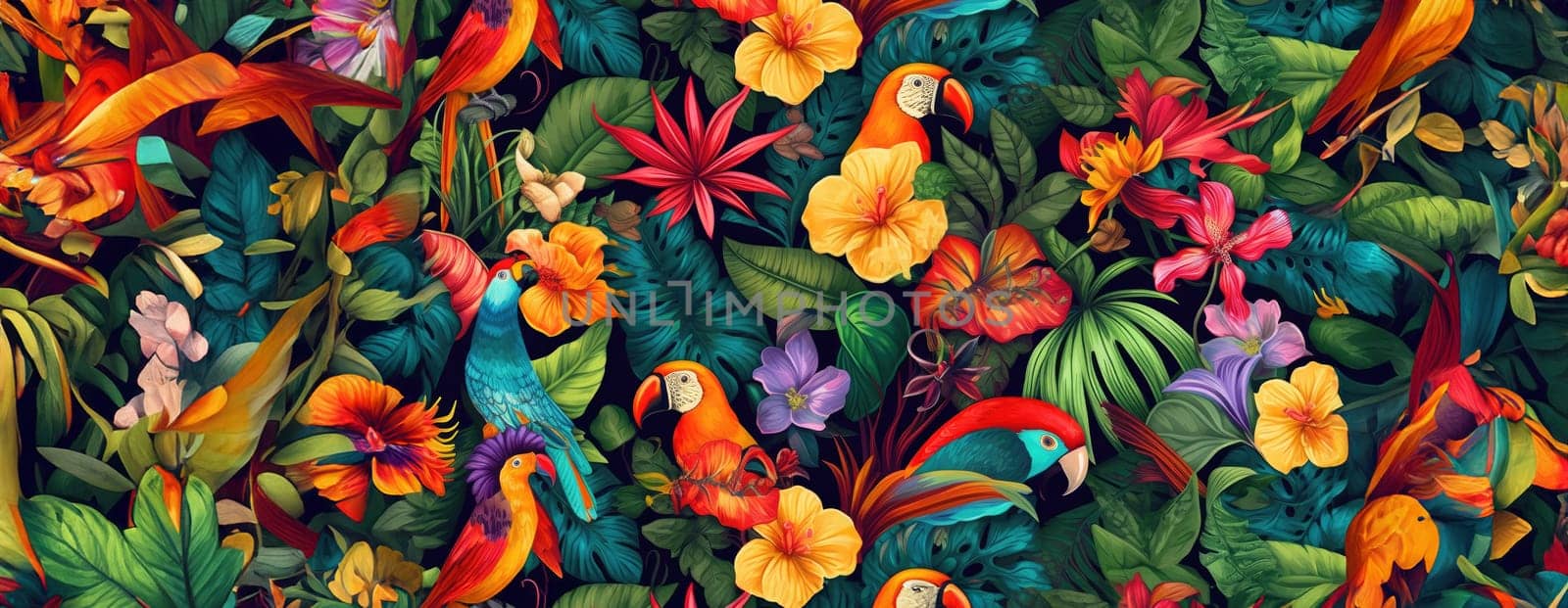 Tropical exotic pattern with animal and flowers in bright colors and lush vegetation. Ai Generative