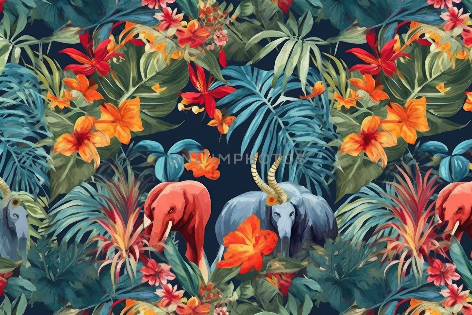 Tropical exotic pattern with animal and flowers in bright colors and lush vegetation. Ai Generative