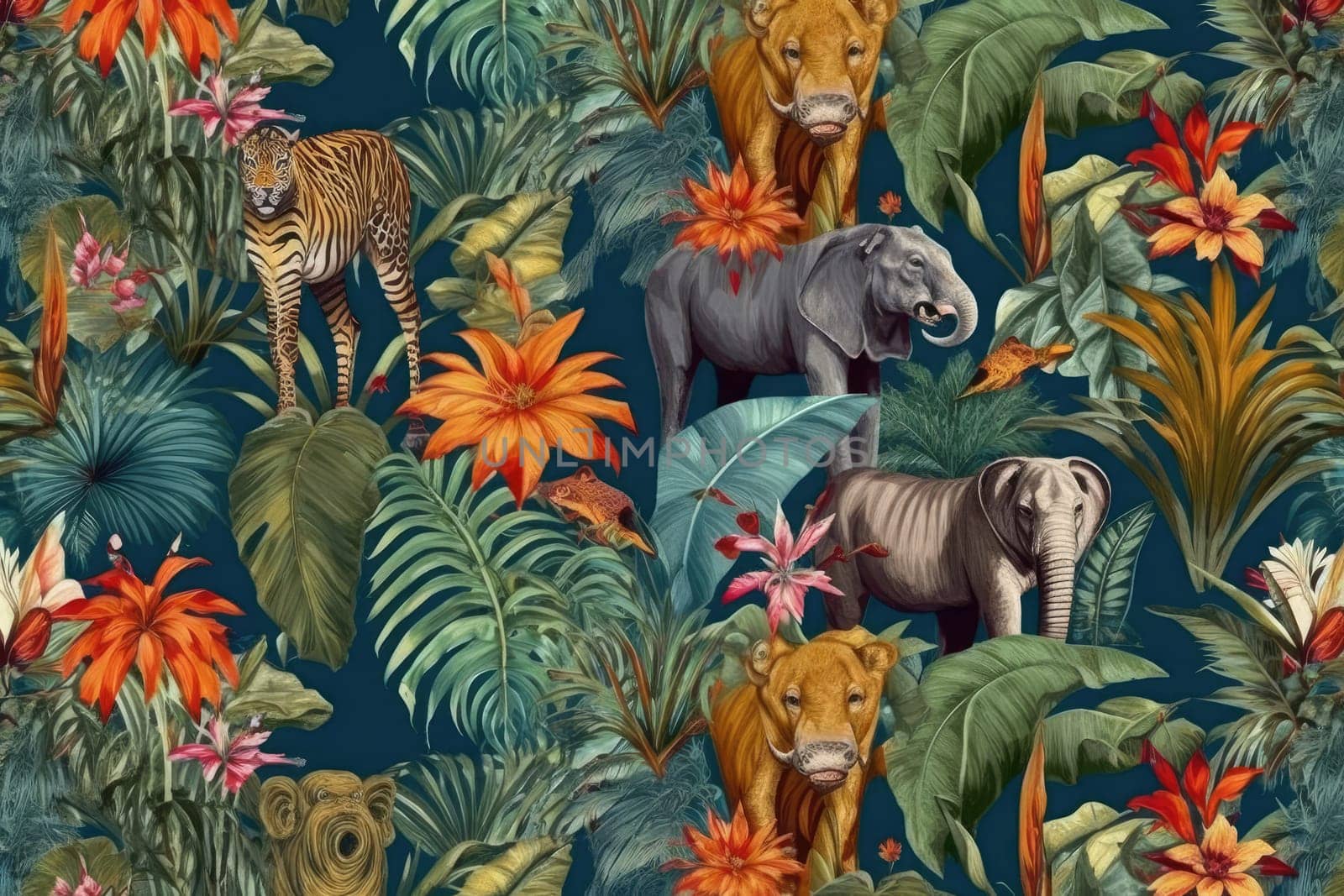 Tropical exotic pattern with animal and flowers in bright colors and lush vegetation. Ai Generative