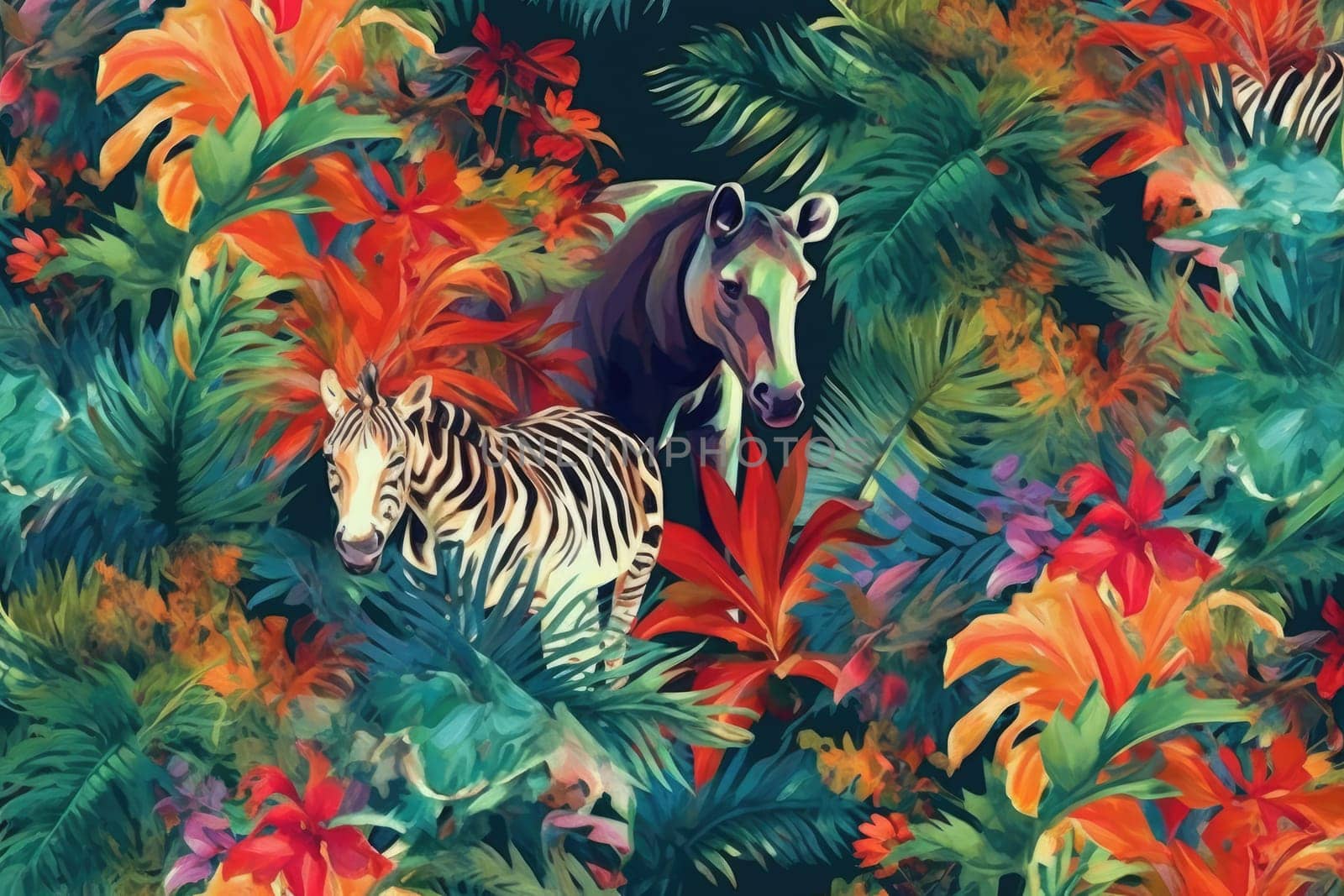 Tropical exotic pattern with animal and flowers in bright colors and lush vegetation. Ai Generative