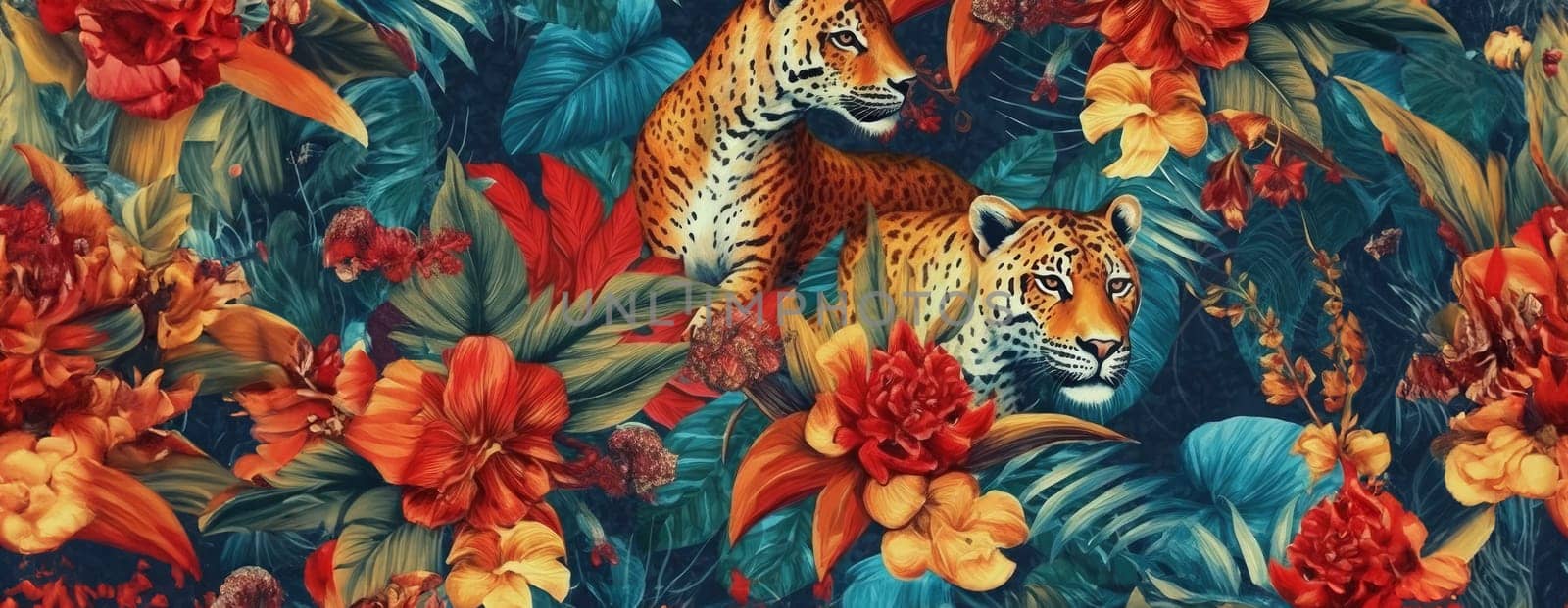 Tropical exotic pattern with animal and flowers in bright colors and lush vegetation. Ai Generative