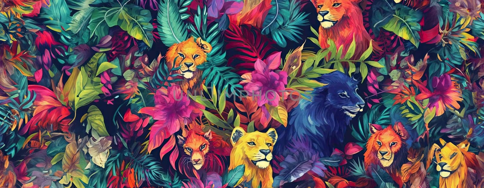 Tropical exotic pattern with animal and flowers in bright colors and lush vegetation. Ai Generative