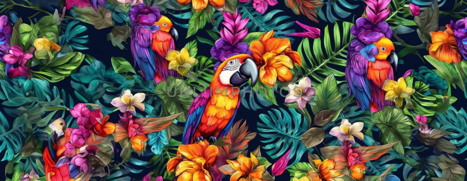 Tropical exotic pattern with animal and flowers in bright colors and lush vegetation. Ai Generative