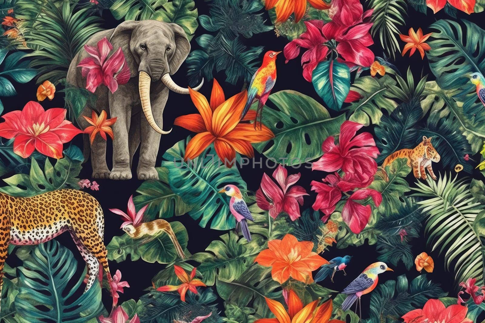 Tropical exotic pattern with animal and flowers in bright colors and lush vegetation. Ai Generative