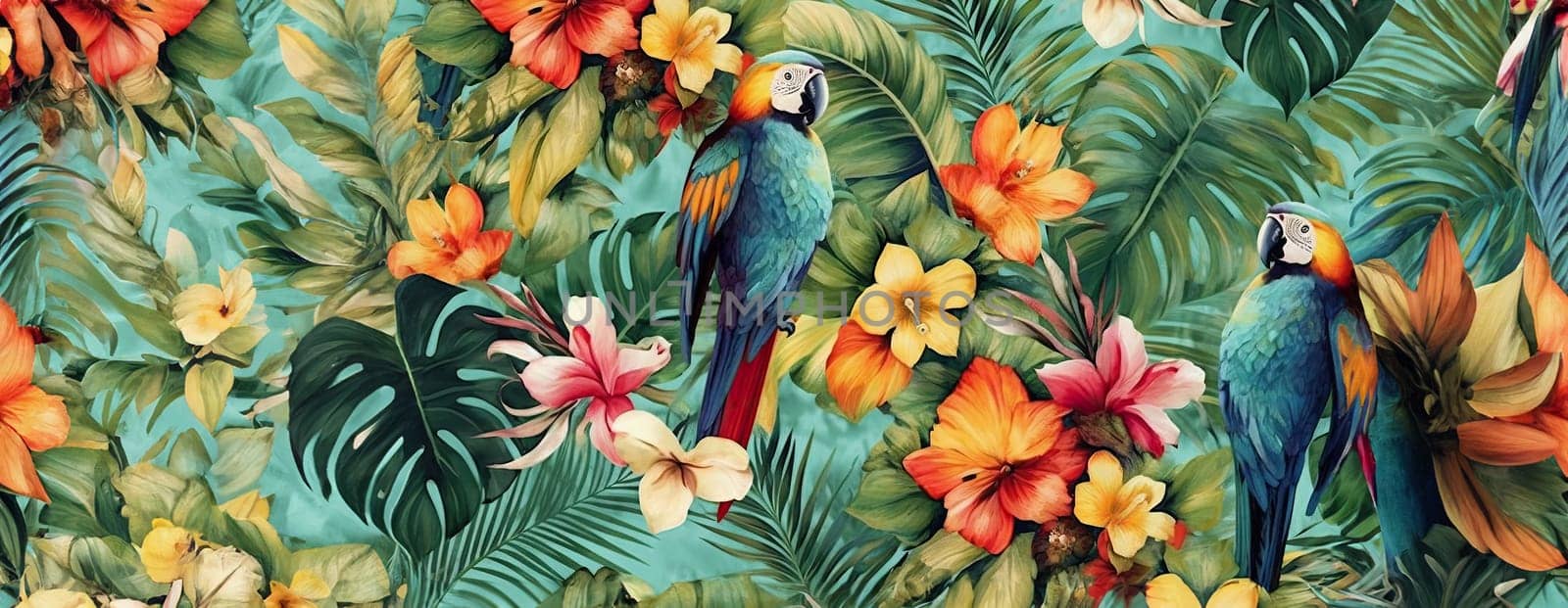 Tropical exotic pattern with animal and flowers in bright colors and lush vegetation. Ai Generative