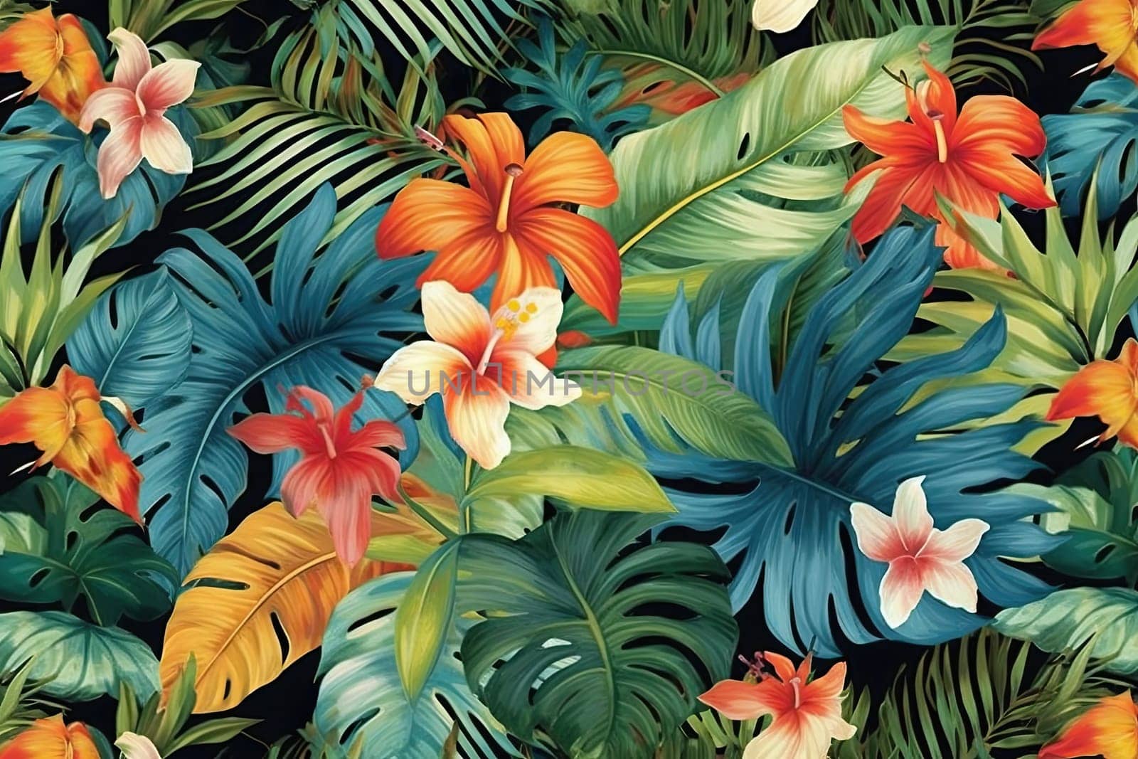 Tropical exotic pattern with animal and flowers in bright colors and lush vegetation. Ai Generative