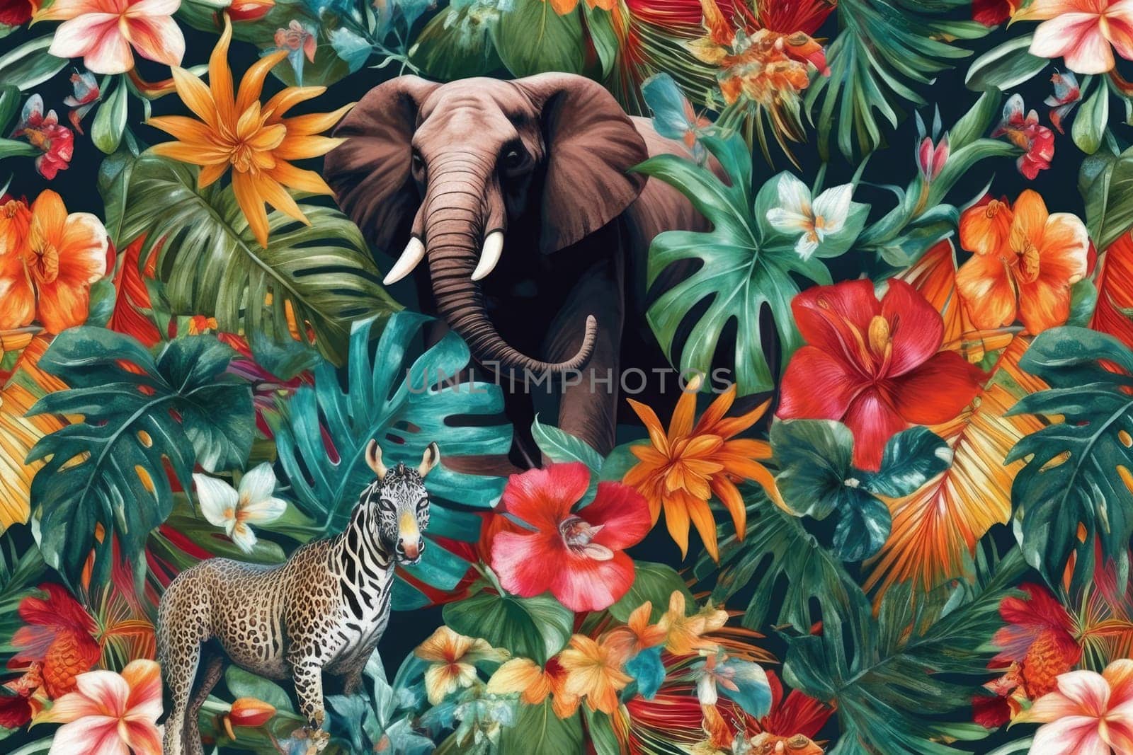 Tropical exotic pattern with animal and flowers in bright colors and lush vegetation. Ai Generative