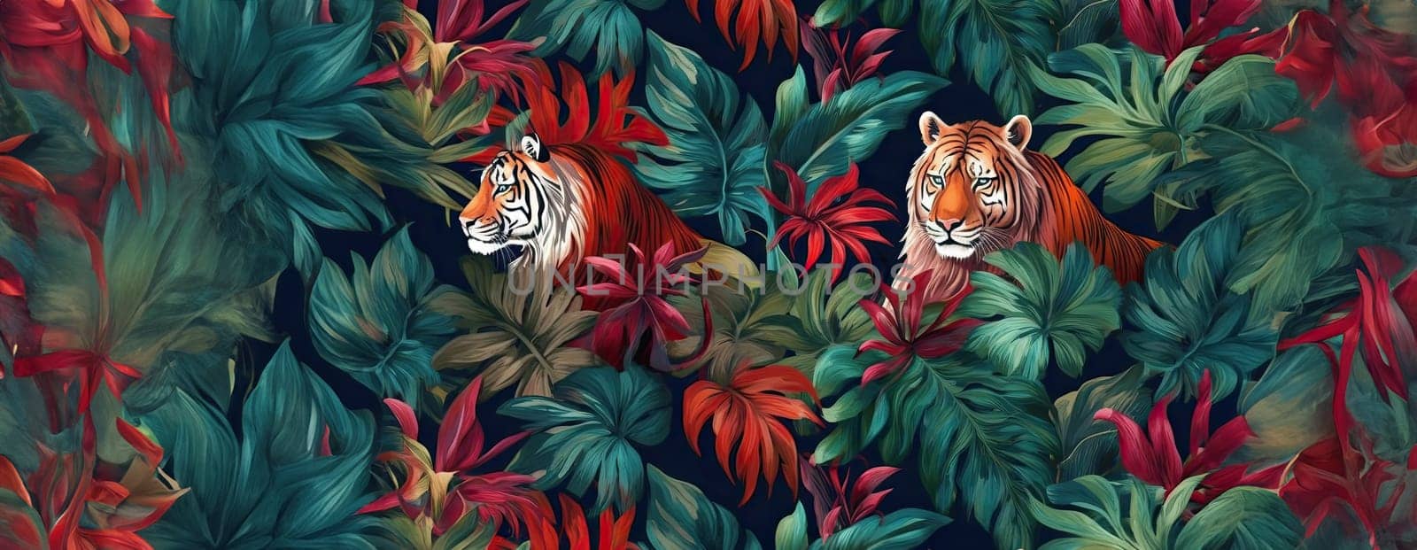 Tropical exotic pattern with animal and flowers in bright colors and lush vegetation. Ai Generative