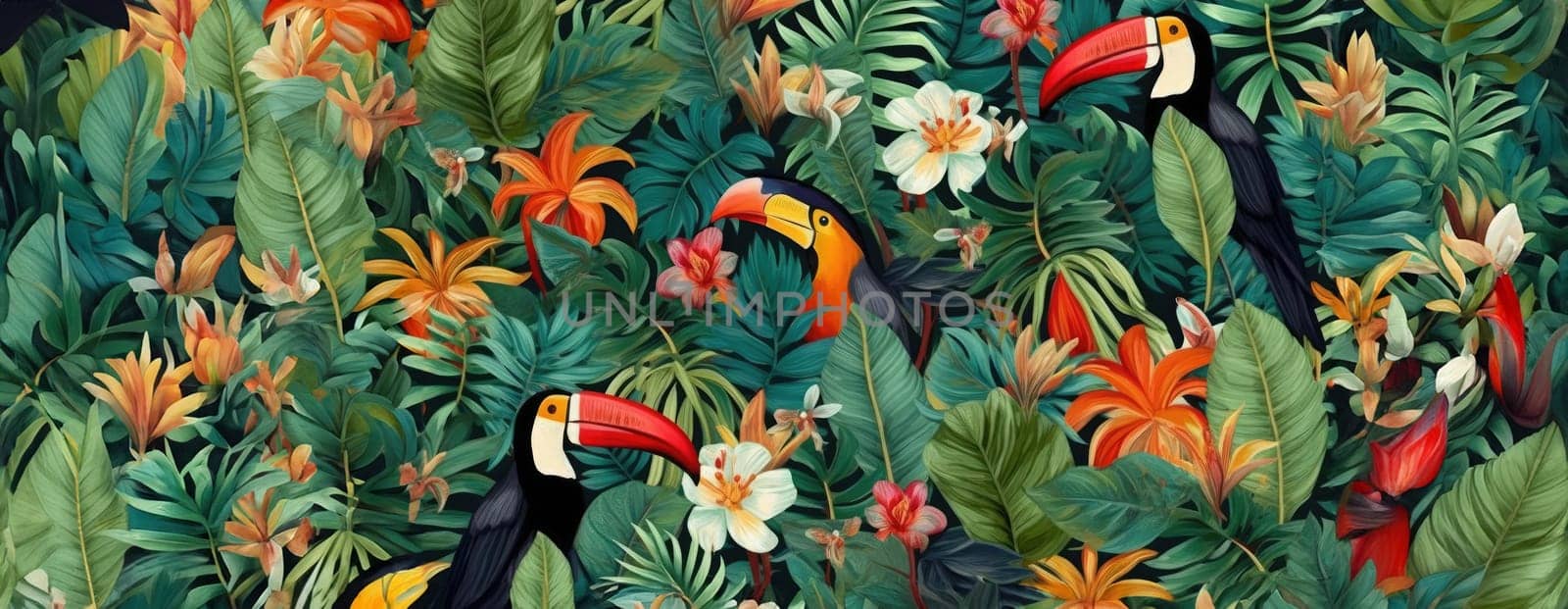 Tropical exotic pattern with animal and flowers in bright colors and lush vegetation. Ai Generative