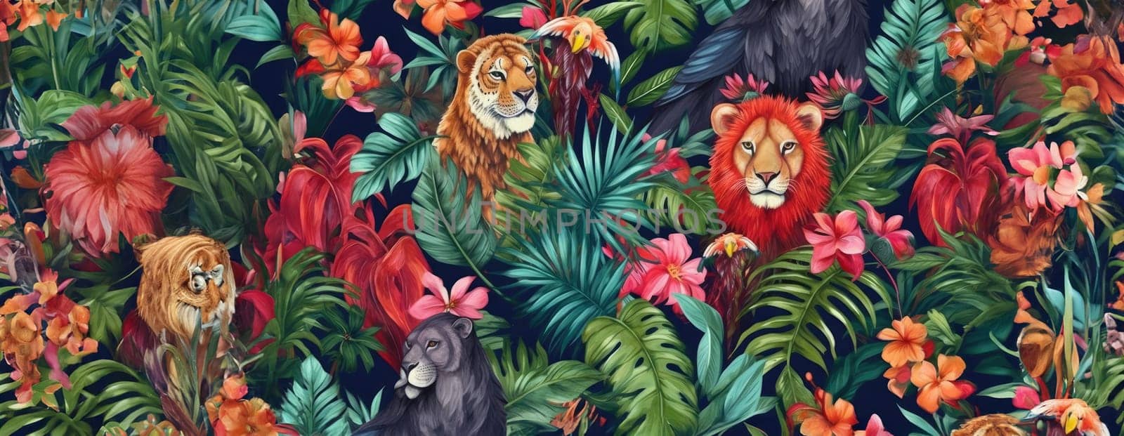 Tropical exotic pattern with animal and flowers in bright colors and lush vegetation. Ai Generative