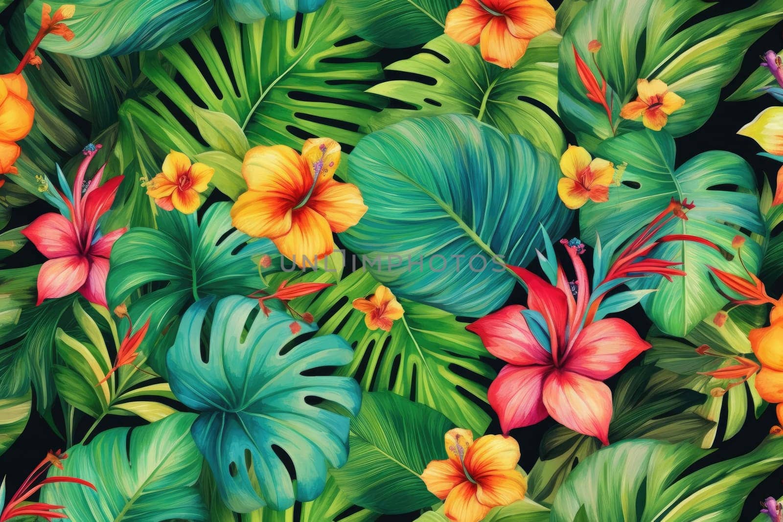 Tropical exotic pattern with animal and flowers in bright colors and lush vegetation. Ai Generative