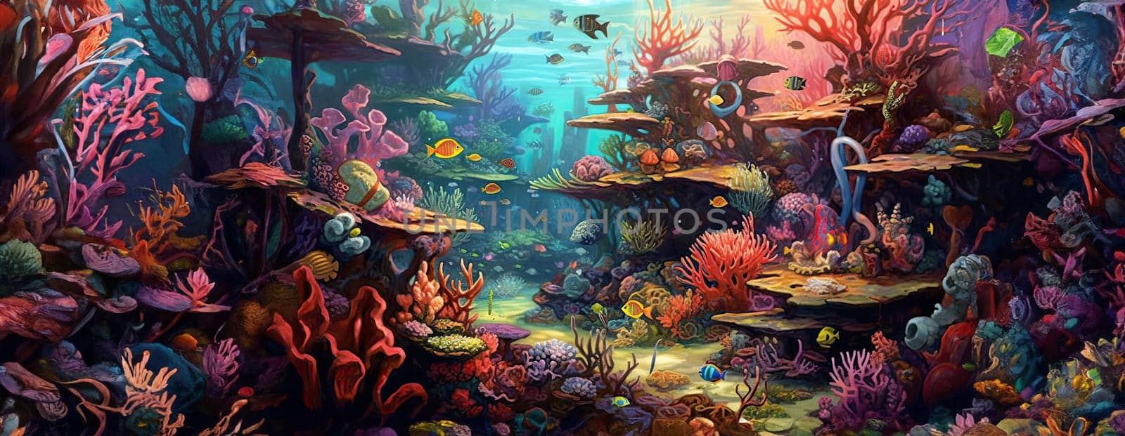 Tropical sea underwater fishes on coral reef. Aquarium oceanarium wildlife colorful marine panorama landscape nature snorkel diving. AI Generative