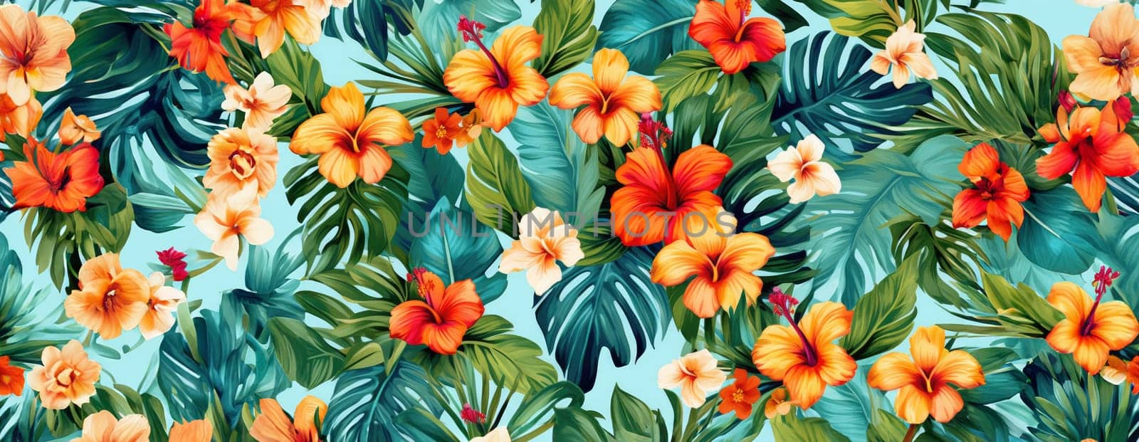 Tropical exotic pattern with animal and flowers in bright colors and lush vegetation. Ai Generative