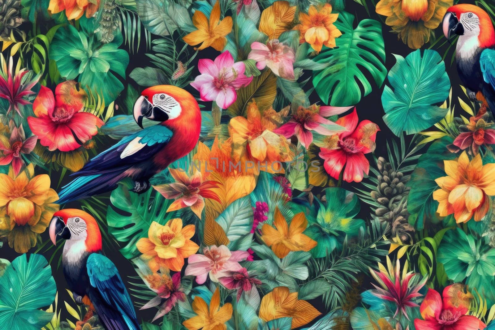 Tropical exotic pattern with animal and flowers in bright colors and lush vegetation. Ai Generative