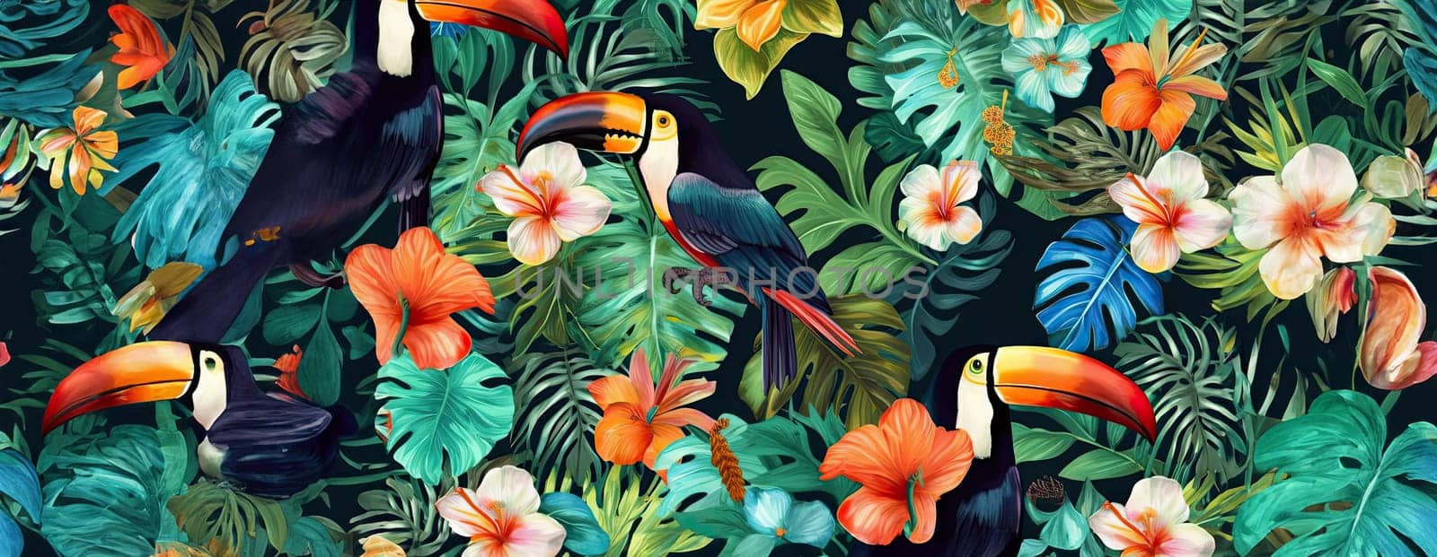 Tropical exotic pattern with animal and flowers in bright colors and lush vegetation. Ai Generative