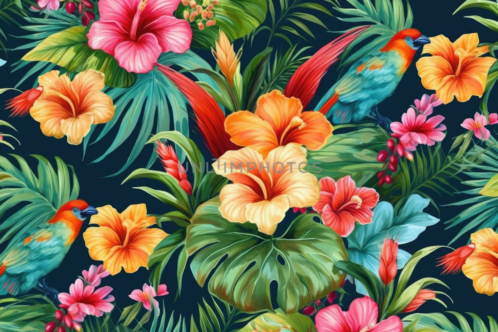 Tropical exotic pattern with animal and flowers in bright colors and lush vegetation. Ai Generative