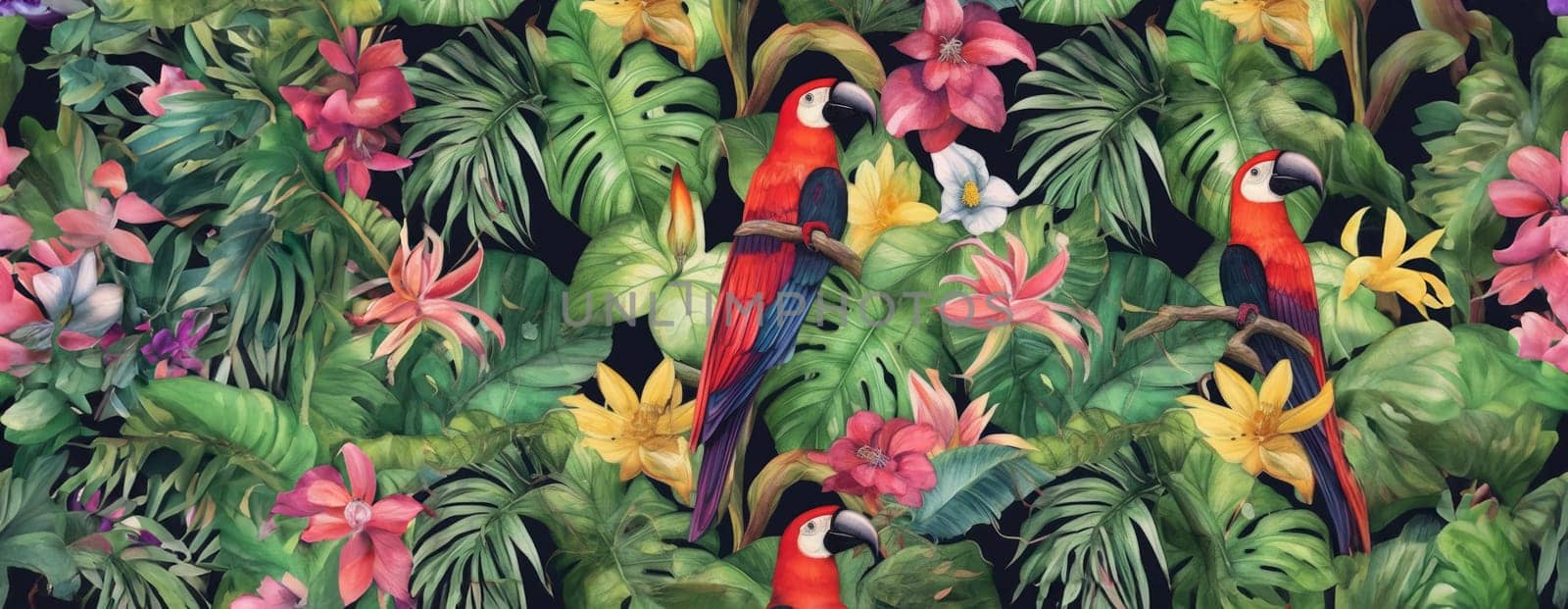 Tropical exotic pattern with animal and flowers in bright colors and lush vegetation. Ai Generative