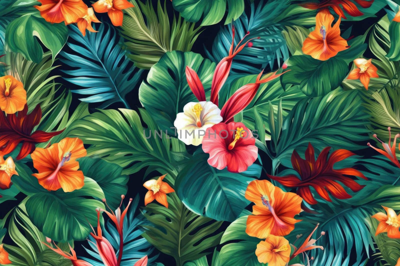 Tropical exotic pattern with animal and flowers in bright colors and lush vegetation. Ai Generative