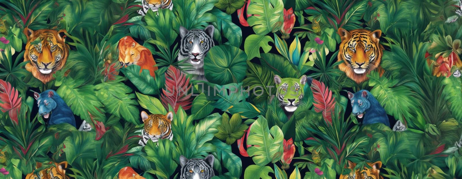 Tropical exotic pattern with animal and flowers in bright colors and lush vegetation. Ai Generative